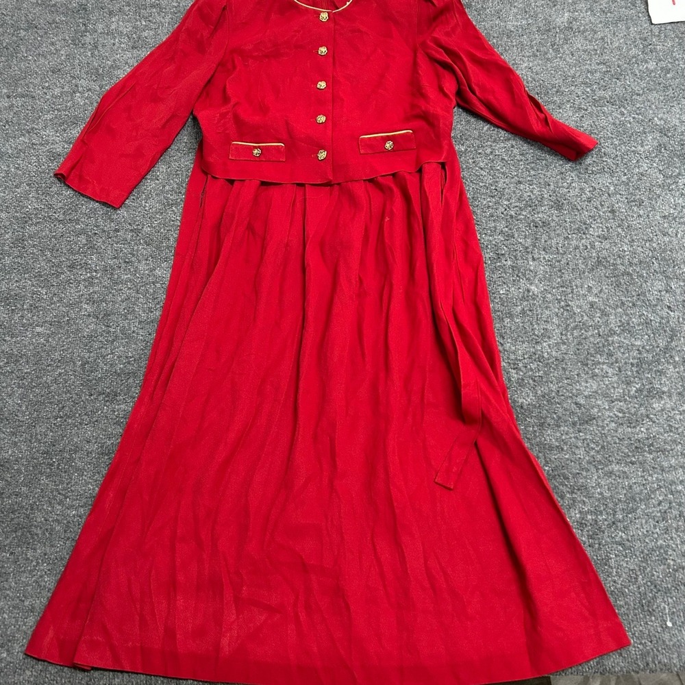 Periwinkle Dress Womens Size 12 Red Rayon Vintage Midi Gold Rose Button USA Made
